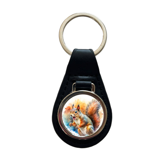 Angry Mad Squirrel Watercolor Black Leather Metal Keychain