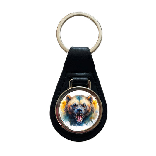 Angry Mad Wolverine Watercolor Black Leather Metal Keychain