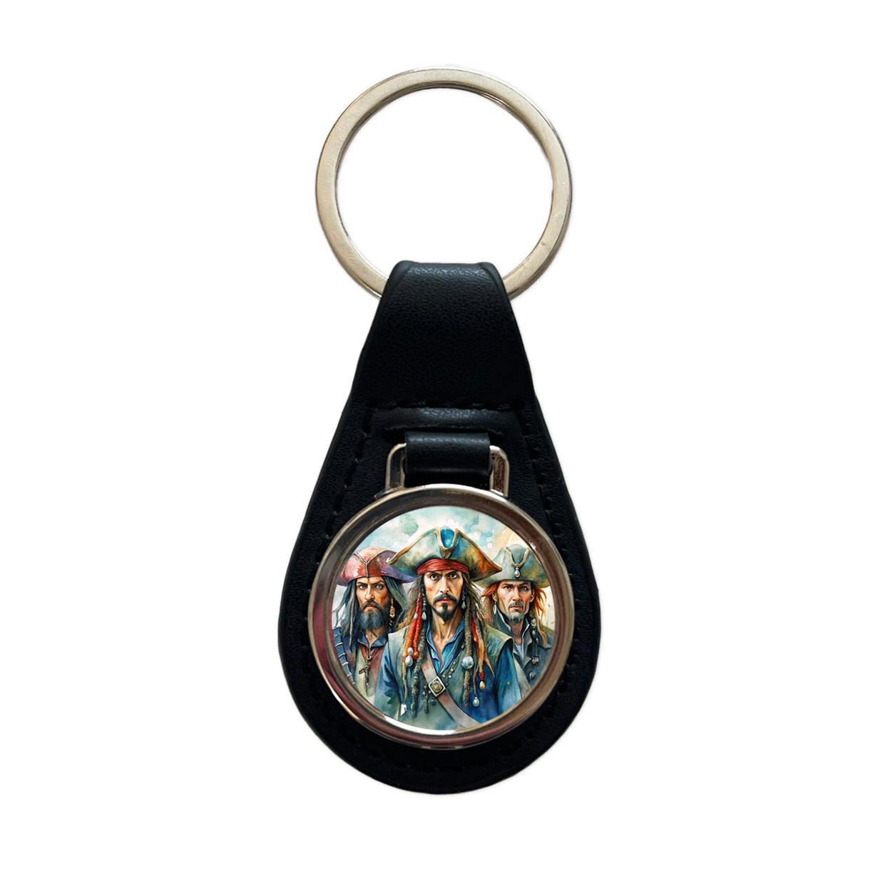 Angry Swashbuckling Pirates Watercolor Black Leather Metal Keychain