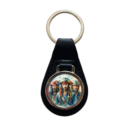 Angry Swashbuckling Pirates Watercolor Black Leather Metal Keychain