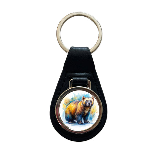 Animal Mad Wolverine Watercolor Black Leather Metal Keychain