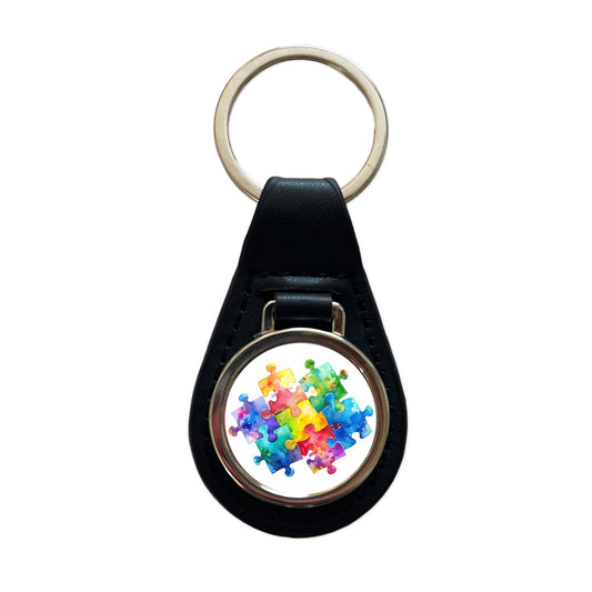 Autism Awareness Acceptance Puzzle Pieces Watercolor Black Leather Metal Keychain