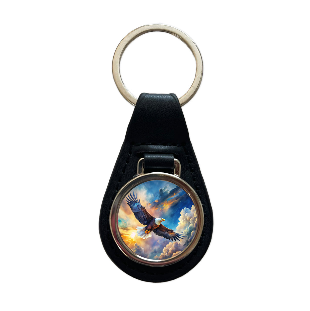 Bald Eagle Flying In Sky Clouds Watercolor Black Leather Metal Keychain