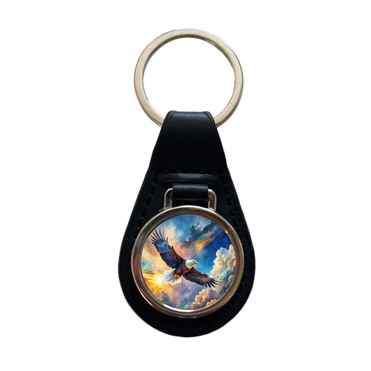 Bald Eagle Flying In Sky Clouds Watercolor Black Leather Metal Keychain
