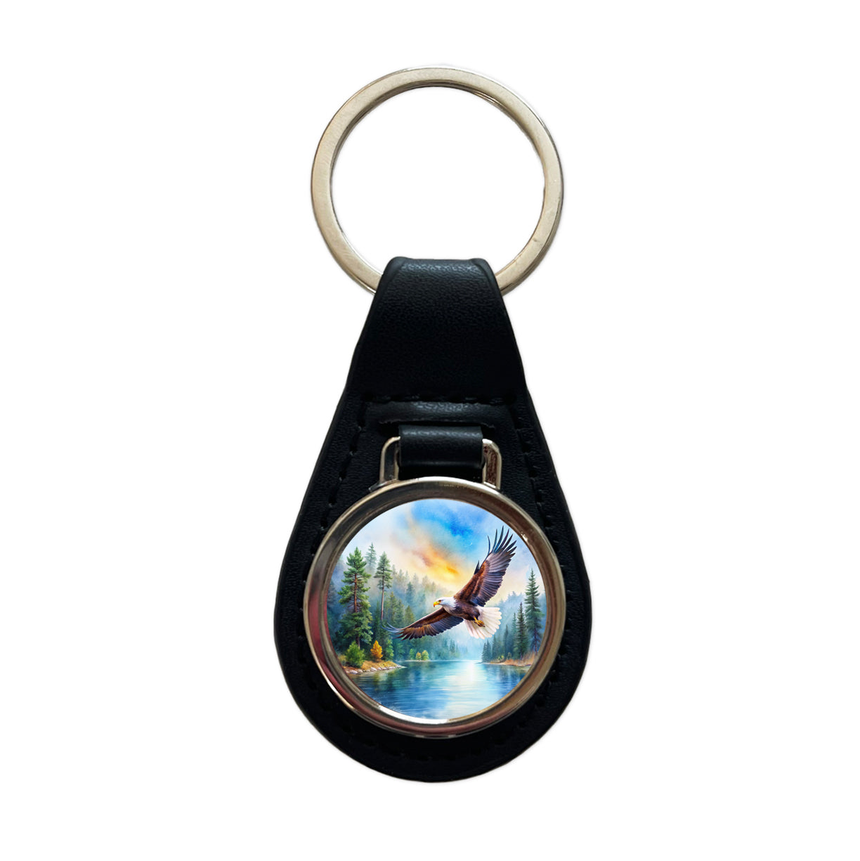 Bald Eagle Flying With Forest Lake Watercolor Black Leather Metal Keychain