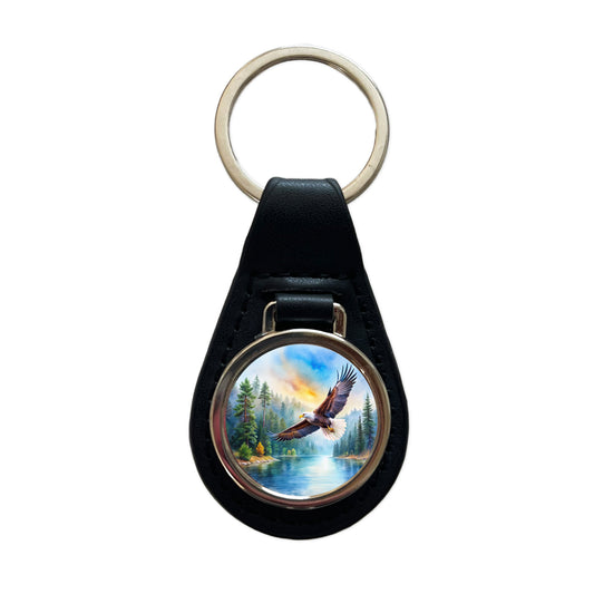 Bald Eagle Flying With Forest Lake Watercolor Black Leather Metal Keychain