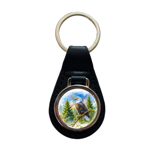 Bald Eagle In Tree Watercolor Black Leather Metal Keychain