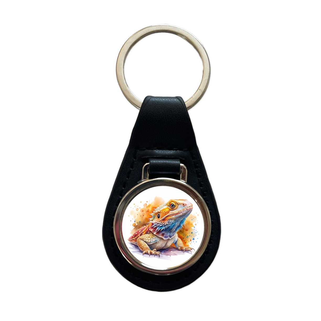 Bearded Dragon Lizard Reptile Watercolor Black Leather Metal Keychain