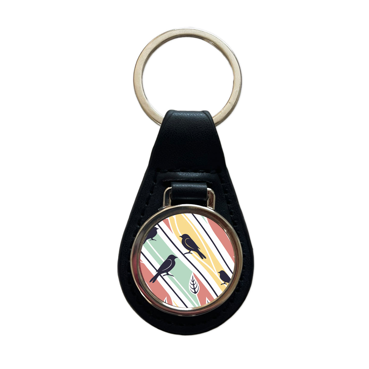Birds And Trees Abstract Black Leather Metal Keychain