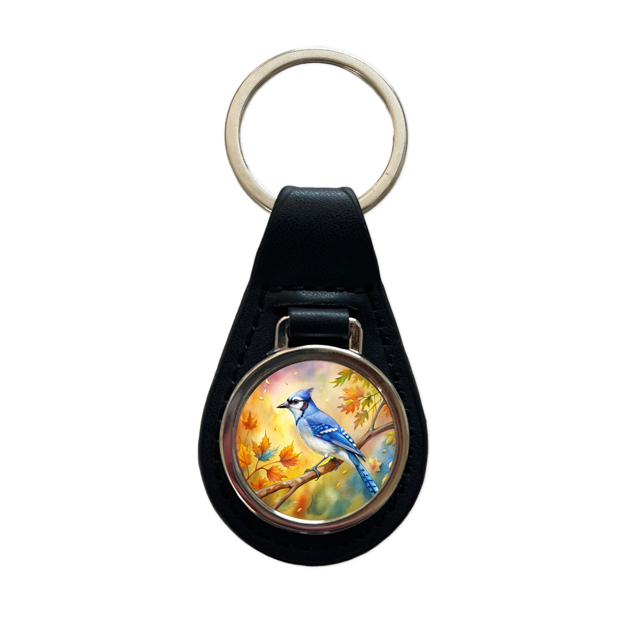Blue Jay In Tree Watercolor Black Leather Metal Keychain