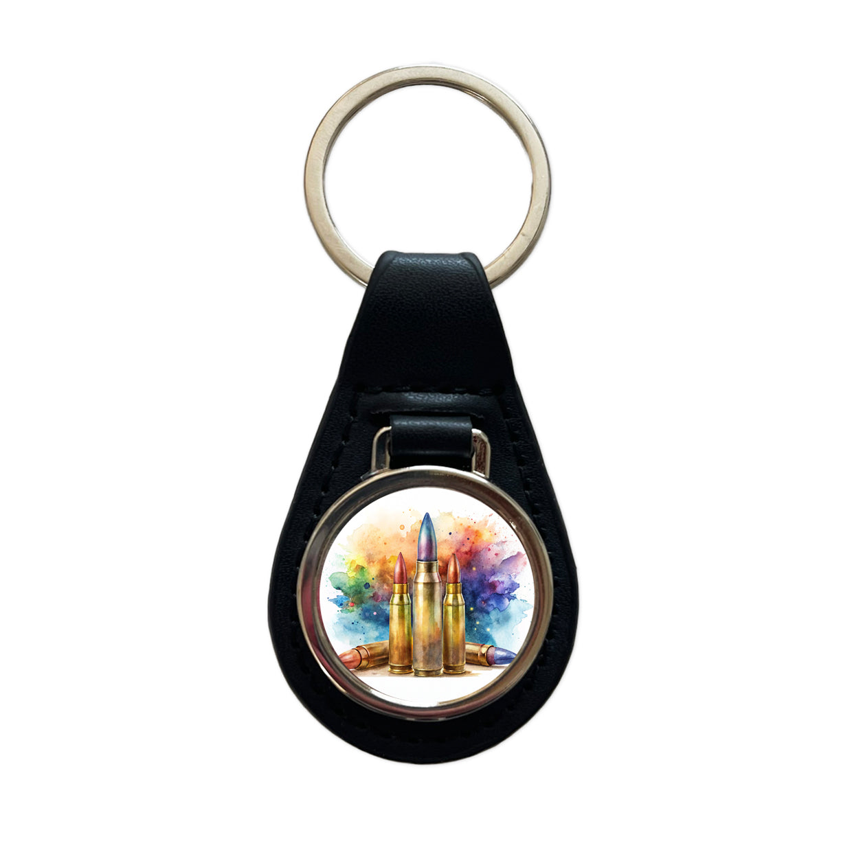 Bullets Watercolor Black Leather Metal Keychain