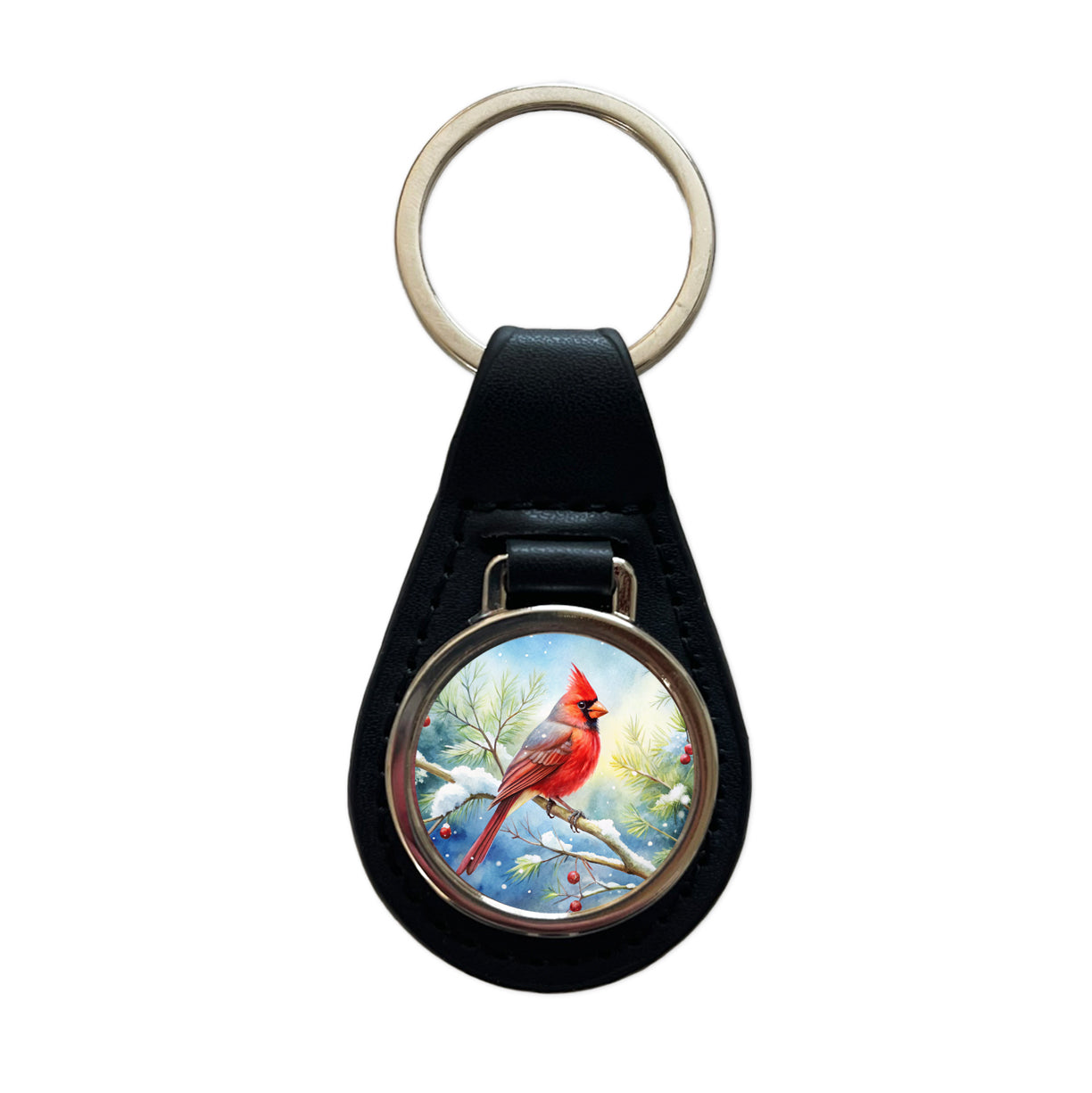 Cardinal In Snowy Tree Winter Watercolor Christmas Black Leather Metal Keychain