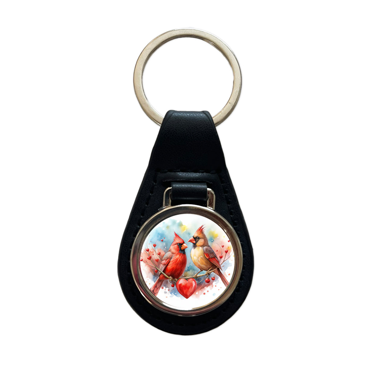 Cardinals In Love With Hearts Valentine's Day Black Leather Metal Keychain