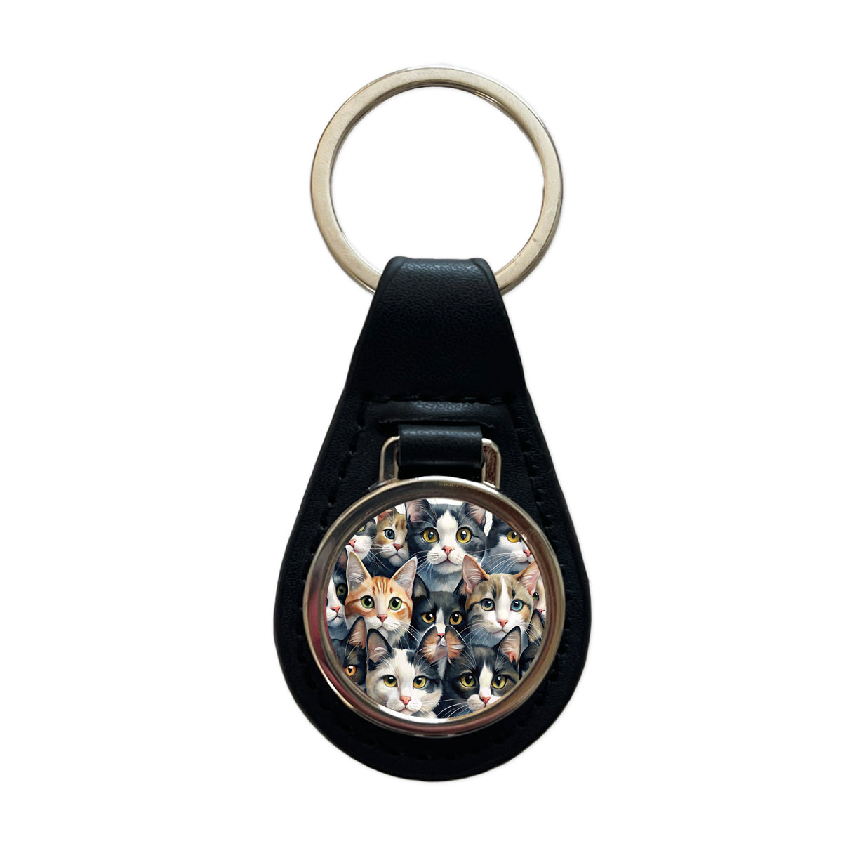 Cartoon Black And White Cats Black Leather Metal Keychain