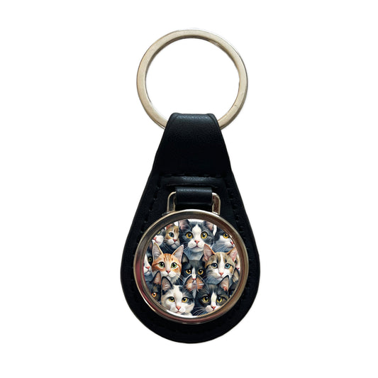 Cartoon Black And White Cats Black Leather Metal Keychain