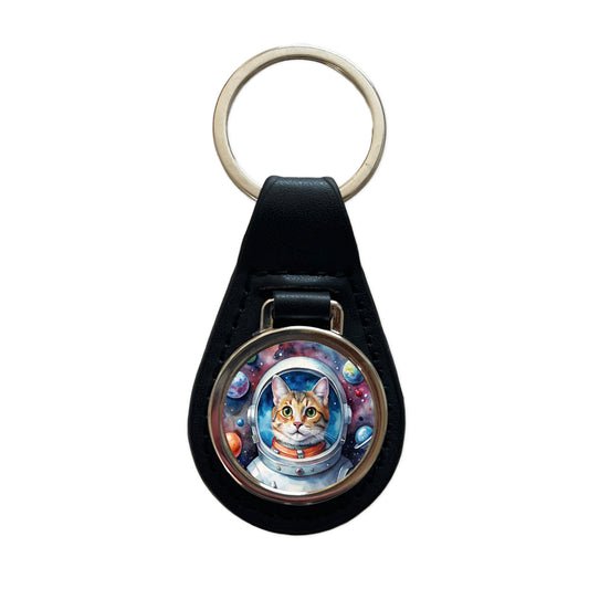 Cat In Space Funny Tabby Watercolor Black Leather Metal Keychain