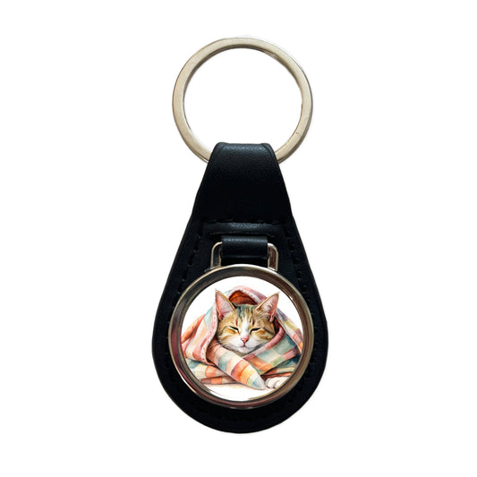 Cat Snuggling In Blanket Watercolor Black Leather Metal Keychain