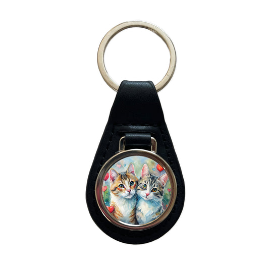 Cats In Love Valentine's Day Black Leather Metal Keychain