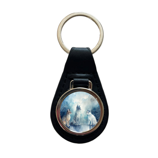 Cats In The Rain Black Leather Metal Keychain
