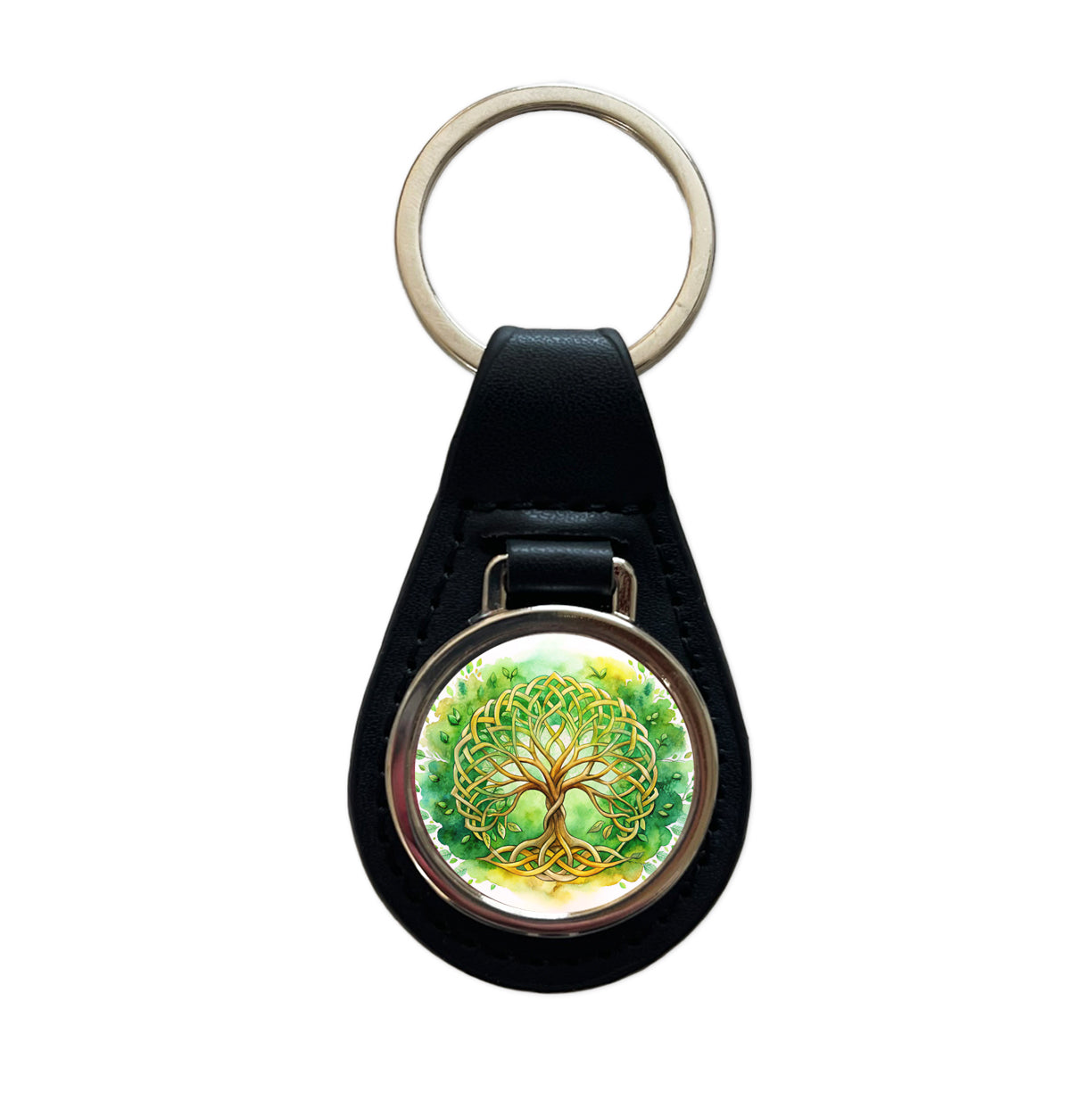 Celtic Irish Tree Of Life Knots Green And Golden Watercolor Black Leather Metal Keychain