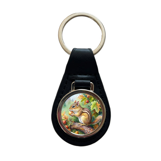 Chipmunk Eating Acorn In Tree Watercolor Black Leather Metal Keychain