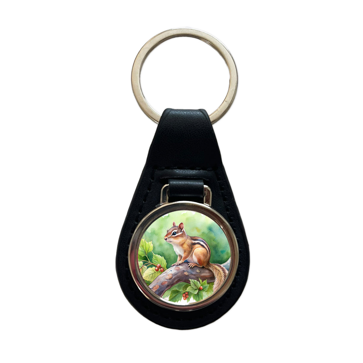 Chipmunk In Tree Watercolor Black Leather Metal Keychain