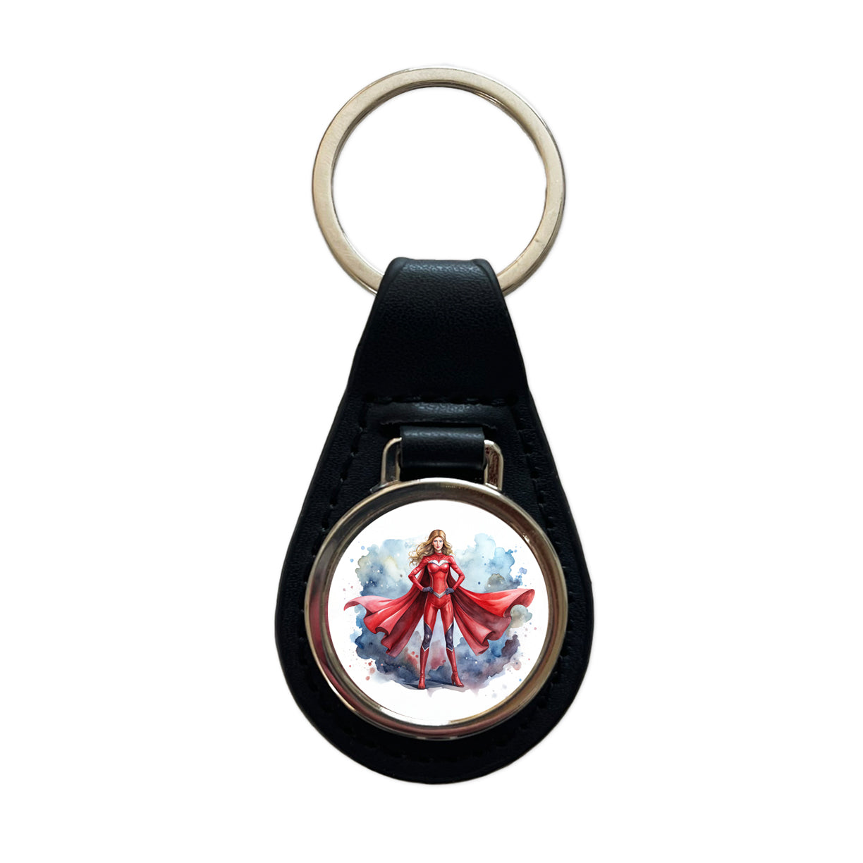 Classic Female Superhero With Red Costume Watercolor Black Leather Metal Keychain