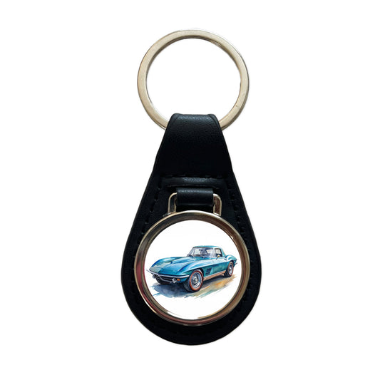 Classic Vintage Blue Sports Car Watercolor Black Leather Metal Keychain