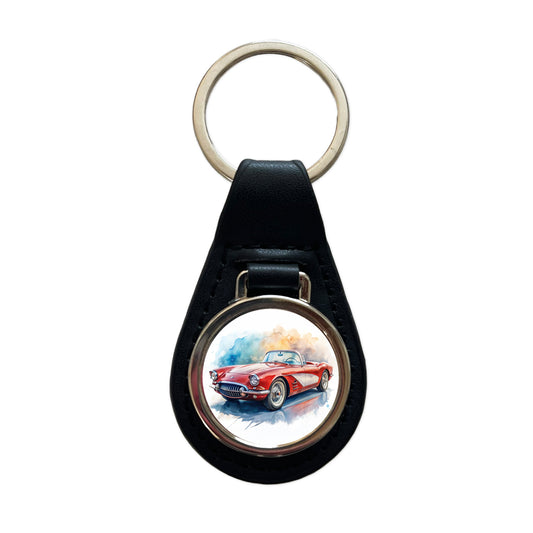 Classic Vintage Red White Sports Car Watercolor Black Leather Metal Keychain