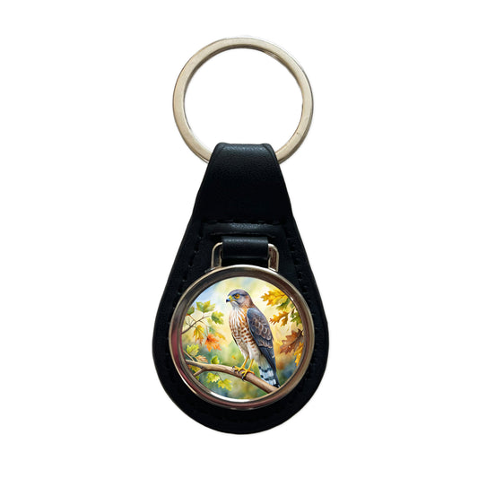 Cooper's Hawk Raptor Bird Of Prey In Tree Watercolor Black Leather Metal Keychain