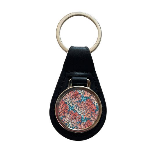 Coral Pattern Reef Ocean Black Leather Metal Keychain