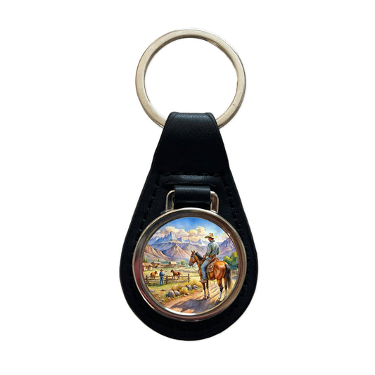 Cowboys Western Ranch Scene Watercolor Black Leather Metal Keychain