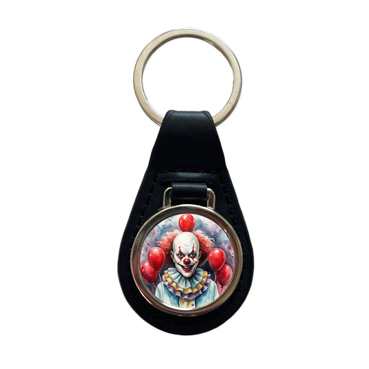 Creepy Scary Evil Clown With Red Balloons Watercolor Black Leather Metal Keychain