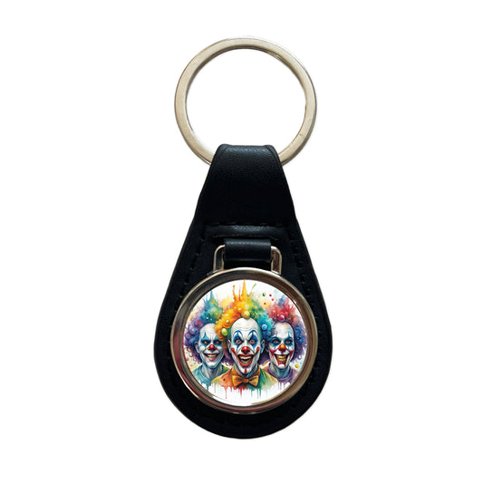 Creepy Scary Evil Killer Clowns Watercolor Black Leather Metal Keychain