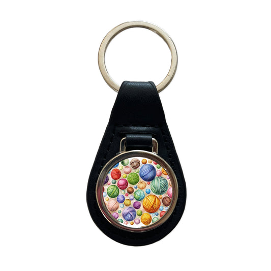 Crocheting Knitting Colorful Yarn Balls Black Leather Metal Keychain