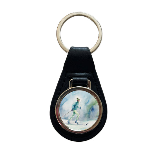 Cross Country Skiing Watercolor Black Leather Metal Keychain