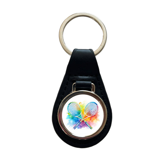 Crossed Tennis Rackets Watercolor Black Leather Metal Keychain