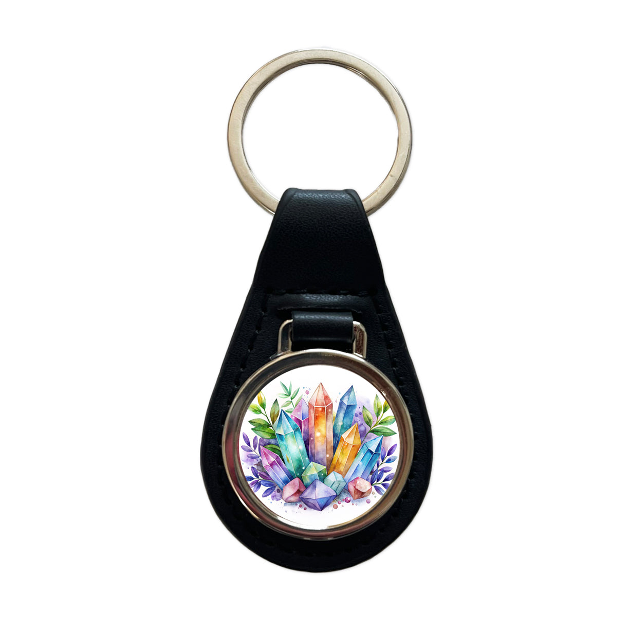 Crystal Geodes Mystical Healing Protection Watercolor Black Leather Metal Keychain