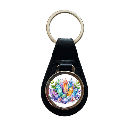 Crystal Geodes Mystical Healing Protection Watercolor Black Leather Metal Keychain
