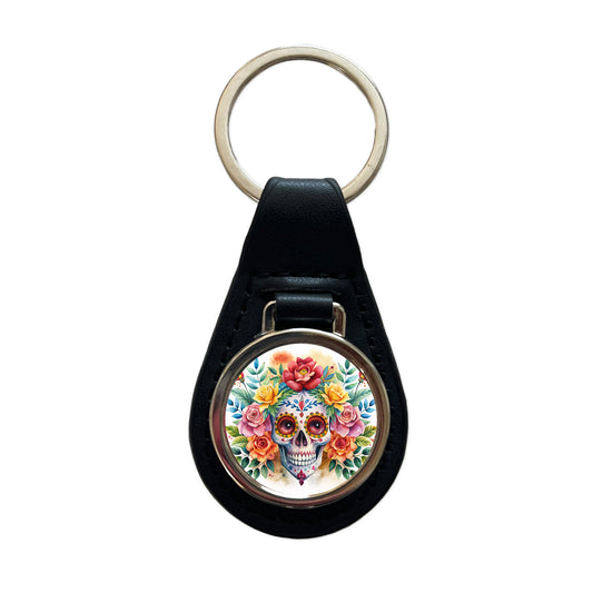 Day Of The Dead Día De Muertos Theme Watercolor Black Leather Metal Keychain