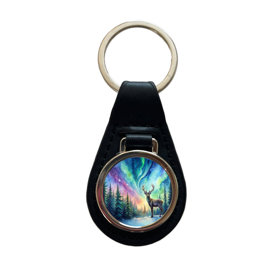 Deer And Northern Lights Watercolor Black Leather Metal Keychain