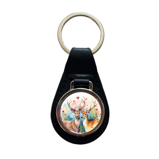 Deer In Love Valentine's Day Black Leather Metal Keychain