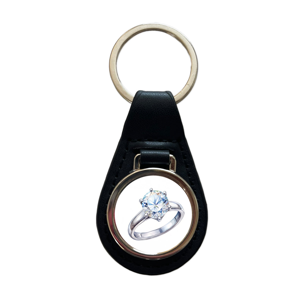 Diamond Ring Engagement Engaged Wedding Proposal Black Leather Metal Keychain