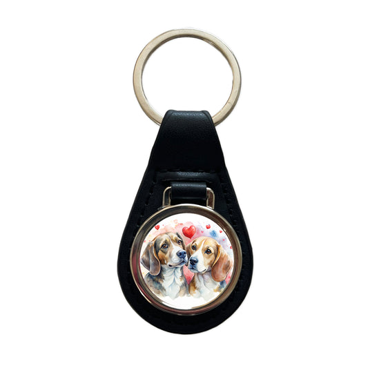 Dogs In Love Valentine's Day Beagles Black Leather Metal Keychain