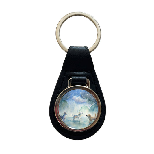 Dogs In The Rain Watercolor Black Leather Metal Keychain