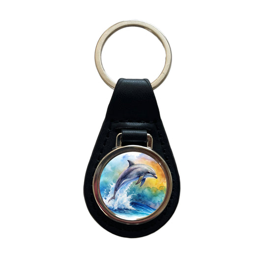Dolphin Jumping In Ocean Watercolor Black Leather Metal Keychain