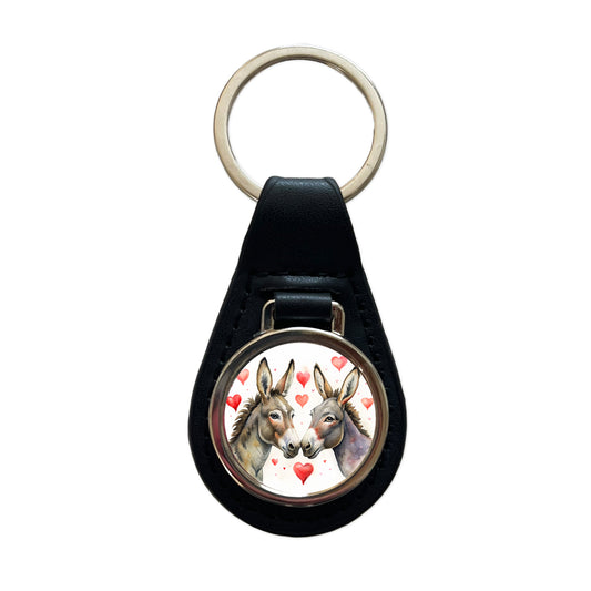 Donkeys In Love With Hearts Valentine's Day Black Leather Metal Keychain