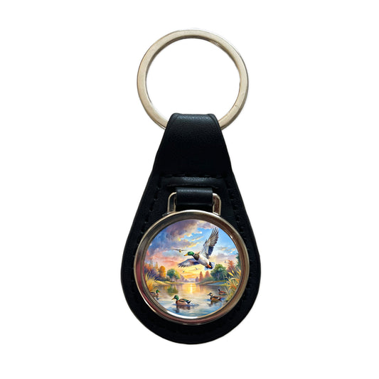Ducks Flying At Sunrise Hunting Watercolor Black Leather Metal Keychain