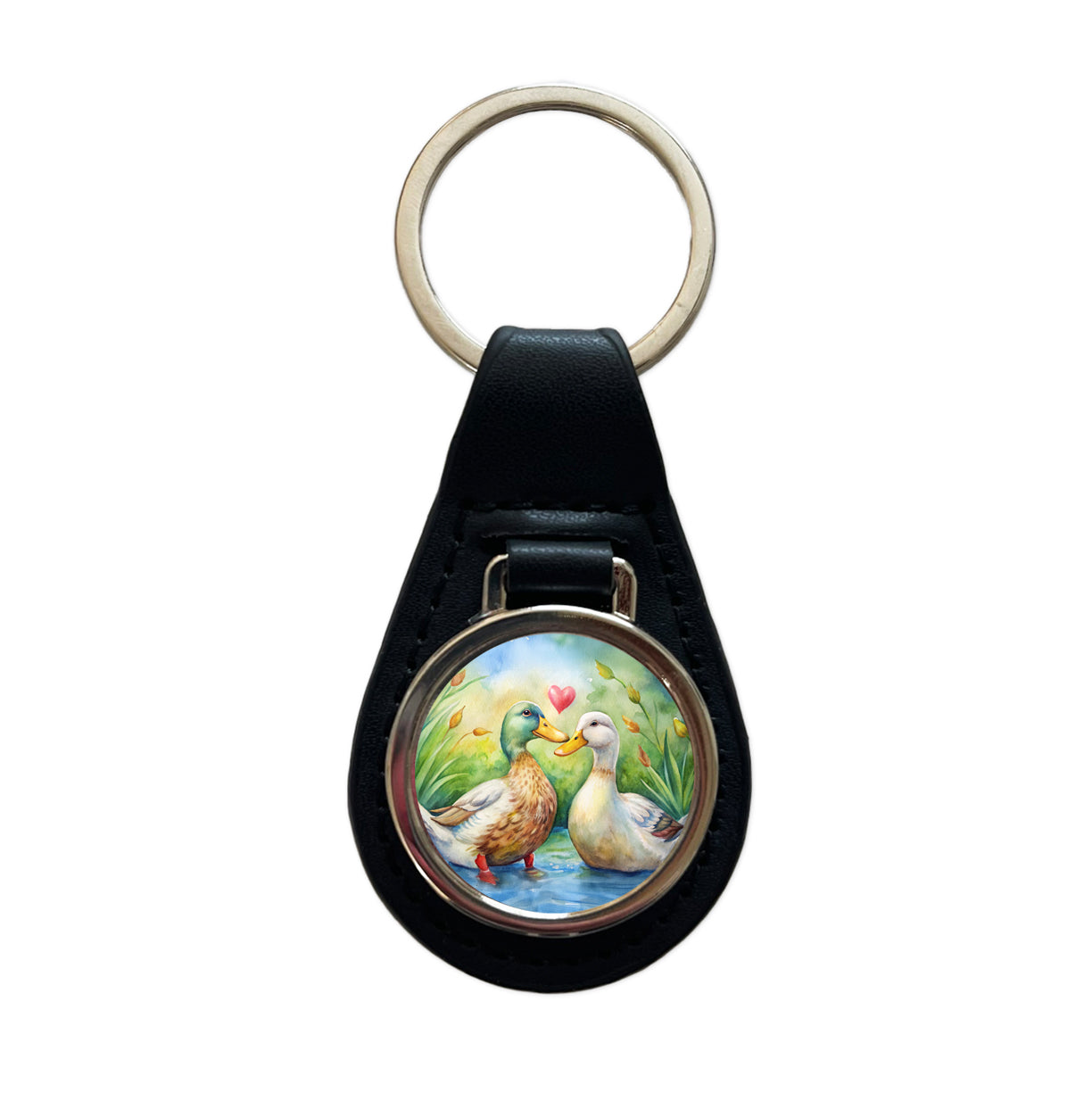 Ducks In Love Heart Valentine's Day Black Leather Metal Keychain