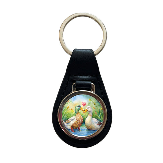 Ducks In Love Heart Valentine's Day Black Leather Metal Keychain